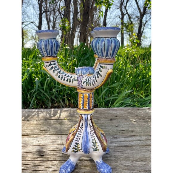 Vintage Hand Painted Portugal 3 Arm Candelabra Candle Stick Holder - Picture 15 of 16